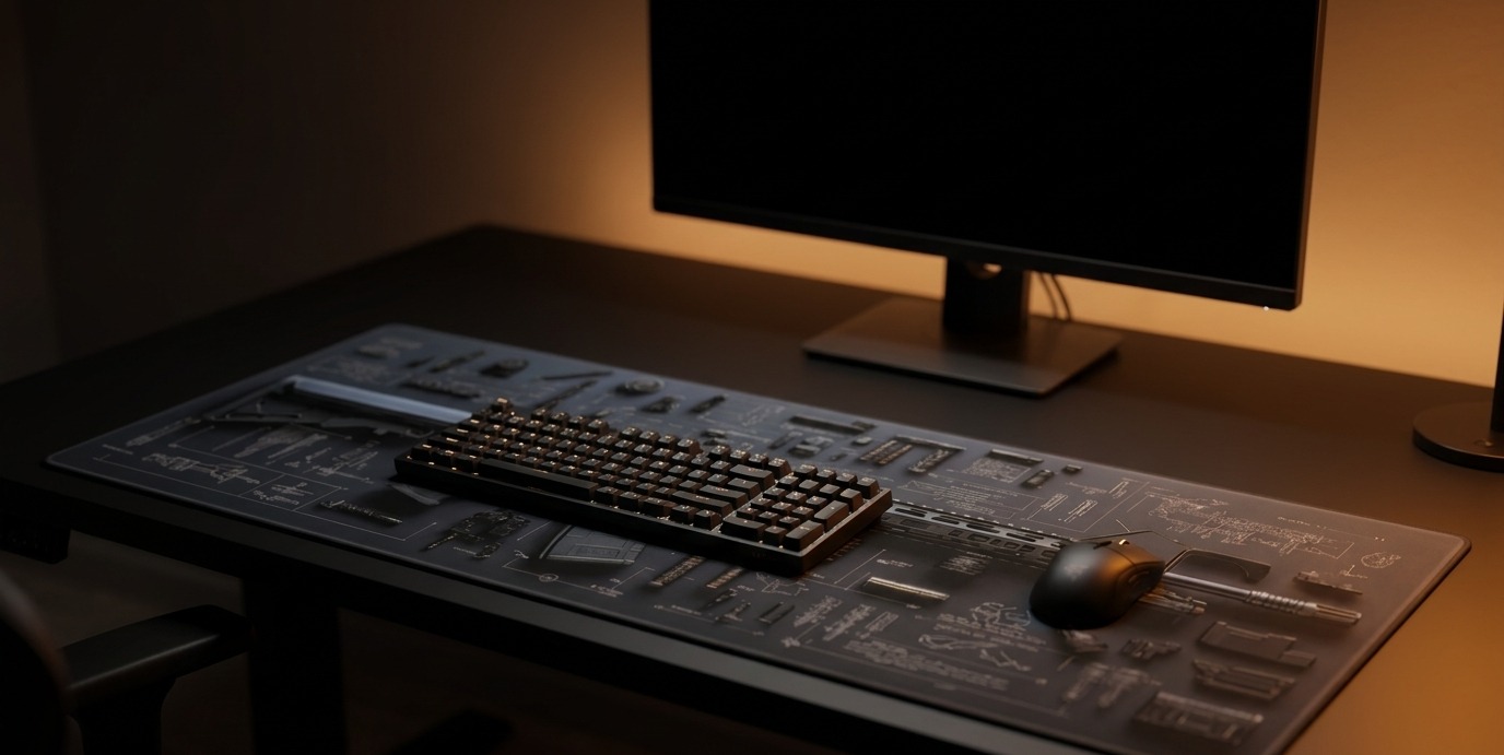 Padz desk mat on a dark editorial desk setup